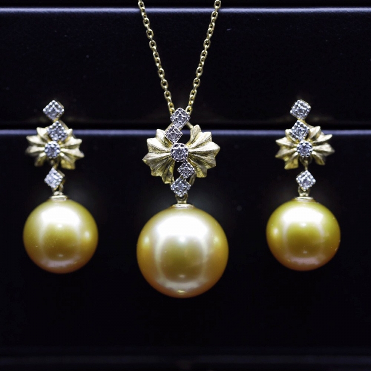 海水珍珠耳环 - 18k金 钻石